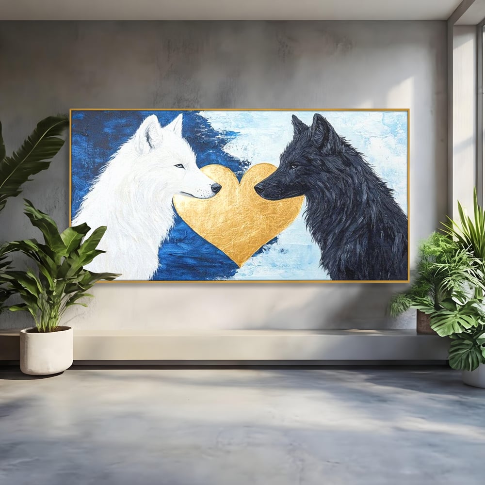 Tablou Canvas Premium, LuxCanva® M1477, O Inima de Aur, Lupi, Animale, Salbaticie, Arctic, Iubire, Uniune, Auriu, Pereche, Alb si Negru, Birou, Living, Camera Copil
