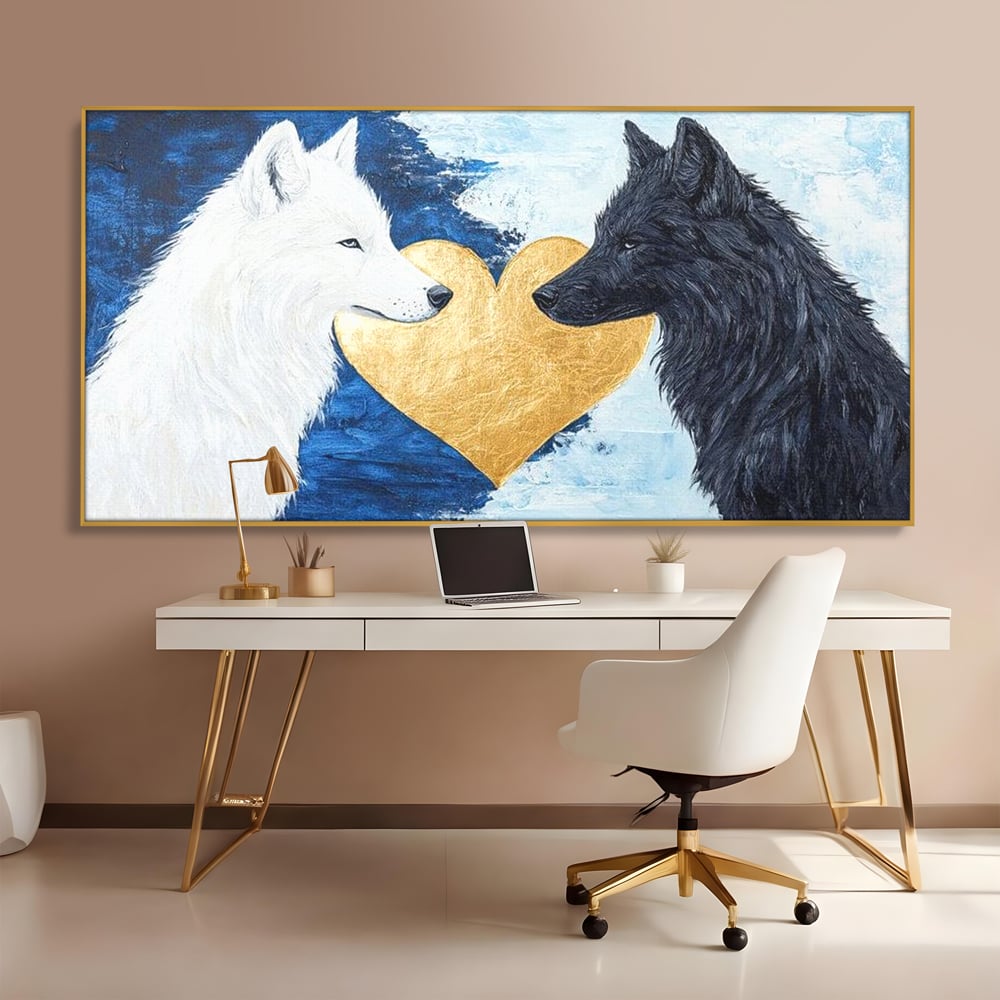 Tablou Canvas Premium, LuxCanva® M1477, O Inima de Aur, Lupi, Animale, Salbaticie, Arctic, Iubire, Uniune, Auriu, Pereche, Alb si Negru, Birou, Living, Camera Copil