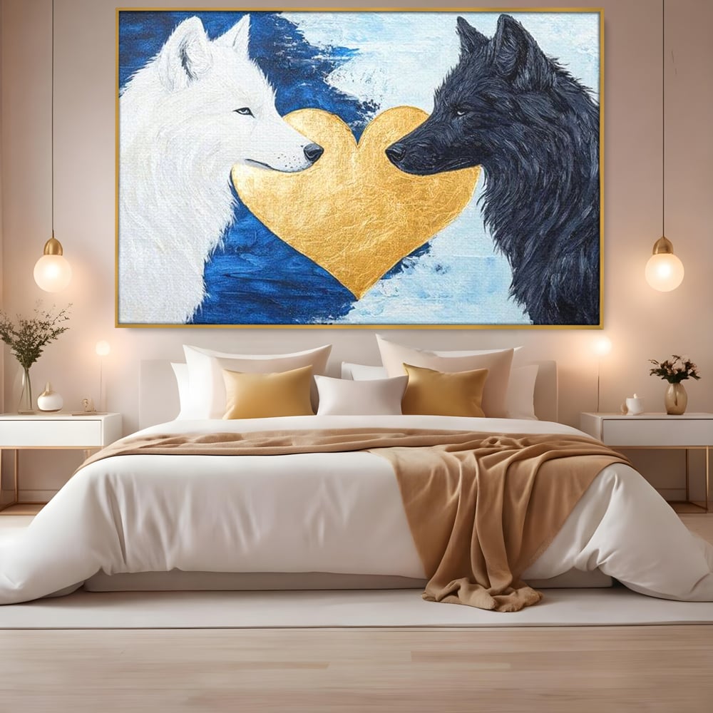 Tablou Canvas Premium, LuxCanva® M1477, O Inima de Aur, Lupi, Animale, Salbaticie, Arctic, Iubire, Uniune, Auriu, Pereche, Alb si Negru, Birou, Living, Camera Copil