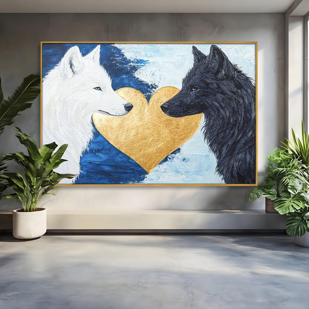 Tablou Canvas Premium, LuxCanva® M1477, O Inima de Aur, Lupi, Animale, Salbaticie, Arctic, Iubire, Uniune, Auriu, Pereche, Alb si Negru, Birou, Living, Camera Copil