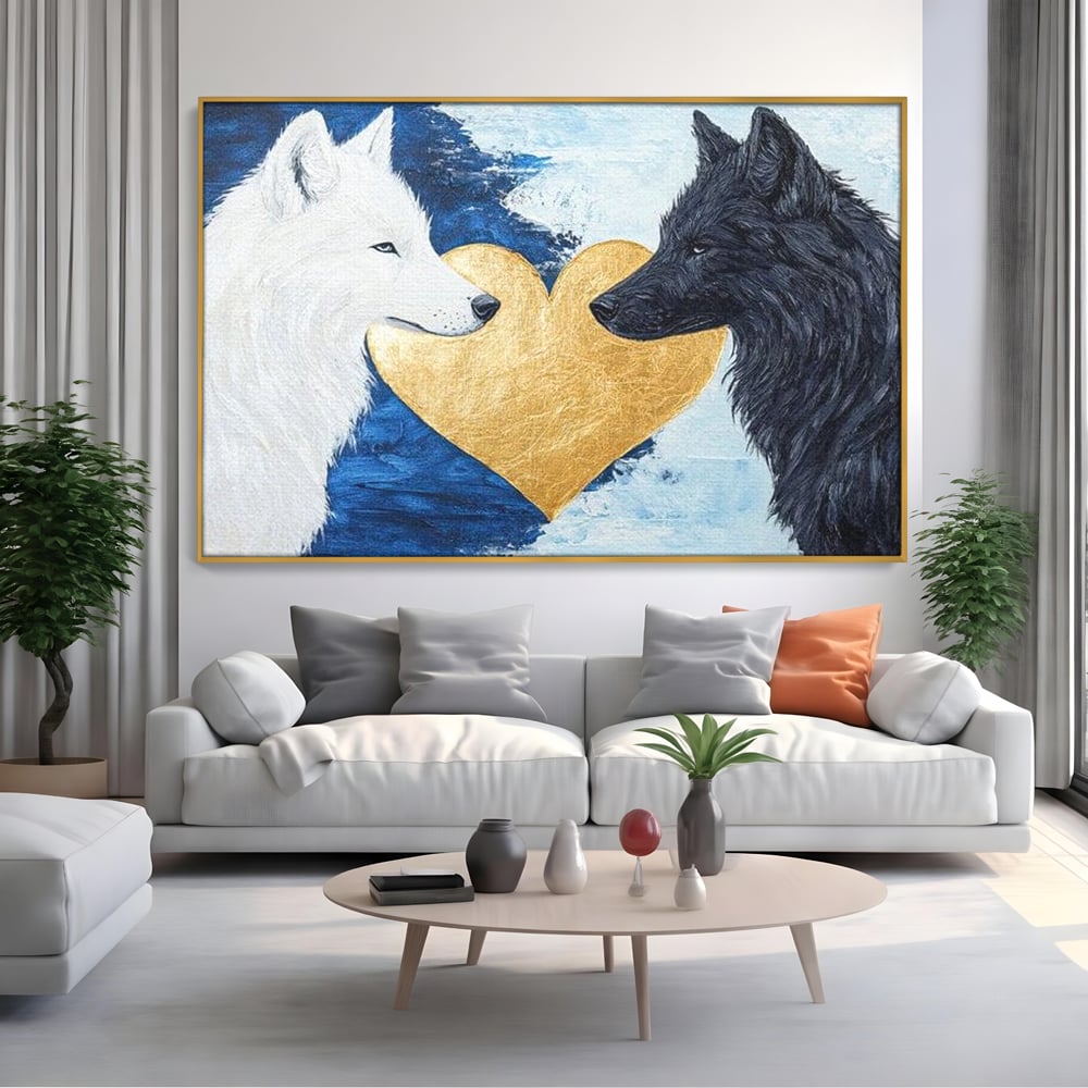 Tablou Canvas Premium, LuxCanva® M1477, O Inima de Aur, Lupi, Animale, Salbaticie, Arctic, Iubire, Uniune, Auriu, Pereche, Alb si Negru, Birou, Living, Camera Copil