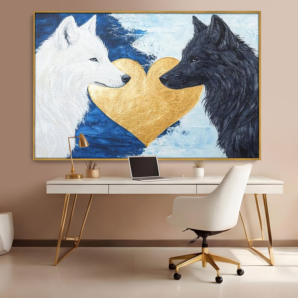 Tablou Canvas Premium, LuxCanva® M1477, O Inima de Aur, Lupi, Animale, Salbaticie, Arctic, Iubire, Uniune, Auriu, Pereche, Alb si Negru, Birou, Living, Camera Copil