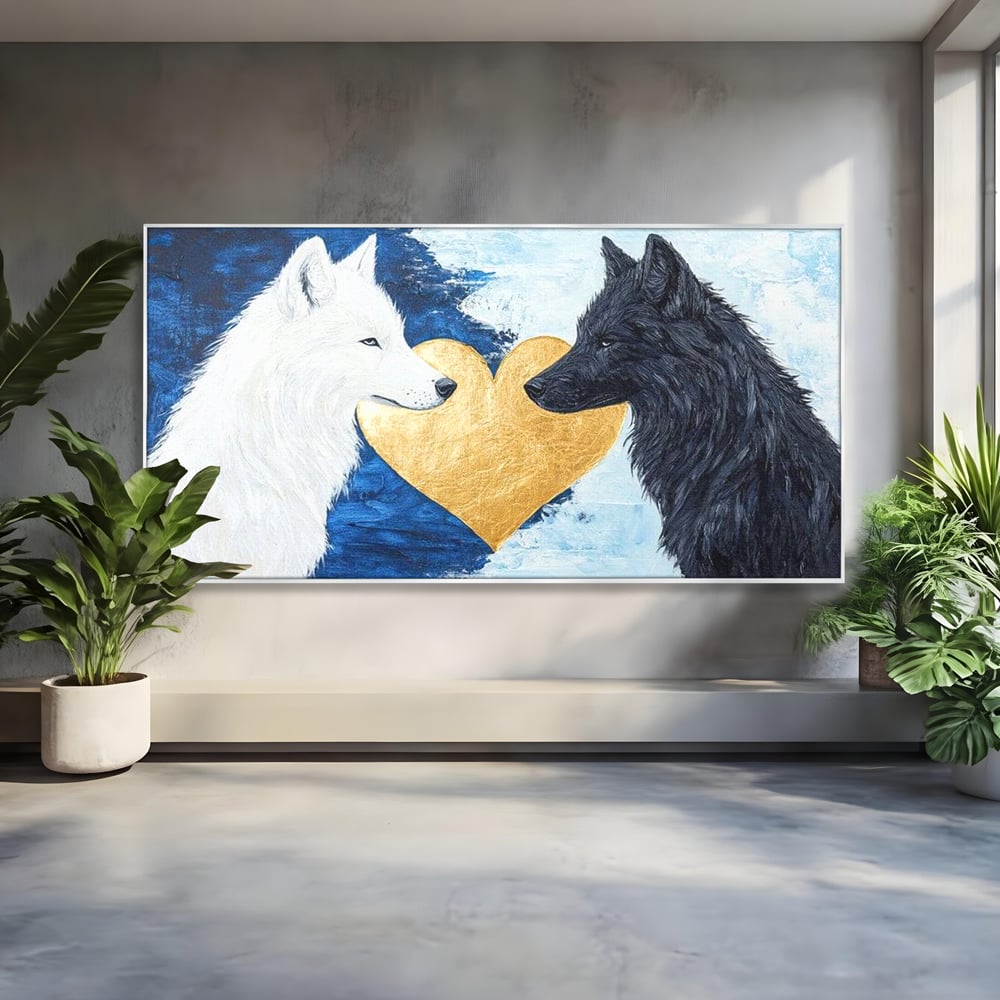 Tablou Canvas Premium, LuxCanva® M1477, O Inima de Aur, Lupi, Animale, Salbaticie, Arctic, Iubire, Uniune, Auriu, Pereche, Alb si Negru, Birou, Living, Camera Copil