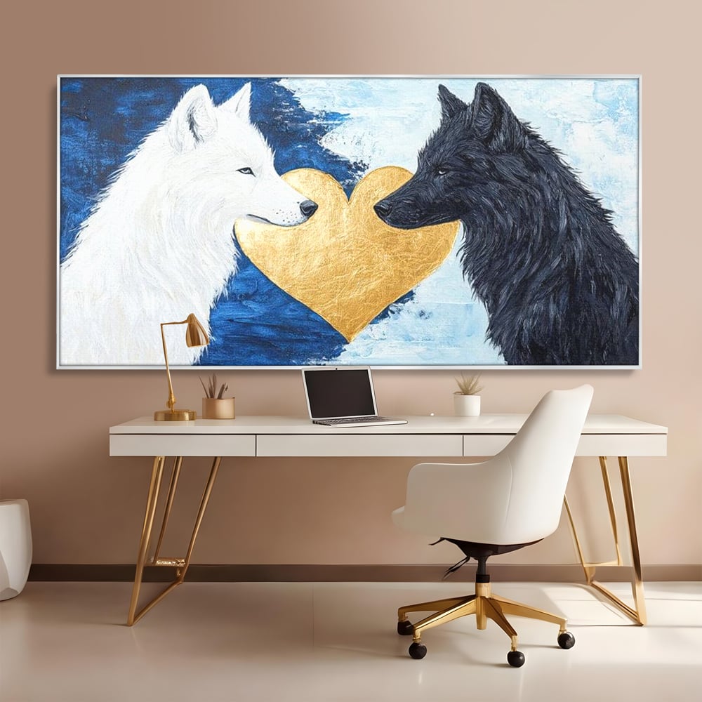 Tablou Canvas Premium, LuxCanva® M1477, O Inima de Aur, Lupi, Animale, Salbaticie, Arctic, Iubire, Uniune, Auriu, Pereche, Alb si Negru, Birou, Living, Camera Copil