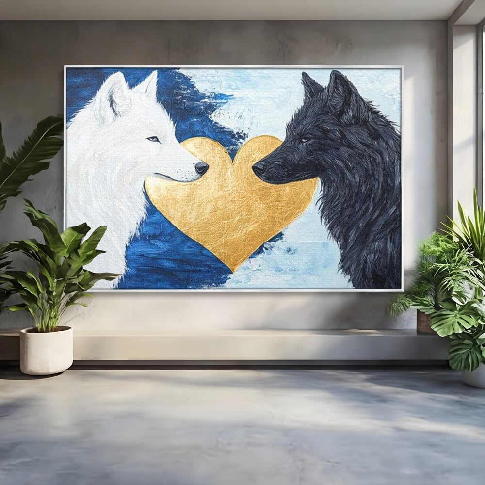 Tablou Canvas Premium, LuxCanva® M1477, O Inima de Aur, Lupi, Animale, Salbaticie, Arctic, Iubire, Uniune, Auriu, Pereche, Alb si Negru, Birou, Living, Camera Copil