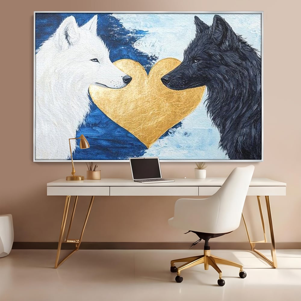 Tablou Canvas Premium, LuxCanva® M1477, O Inima de Aur, Lupi, Animale, Salbaticie, Arctic, Iubire, Uniune, Auriu, Pereche, Alb si Negru, Birou, Living, Camera Copil