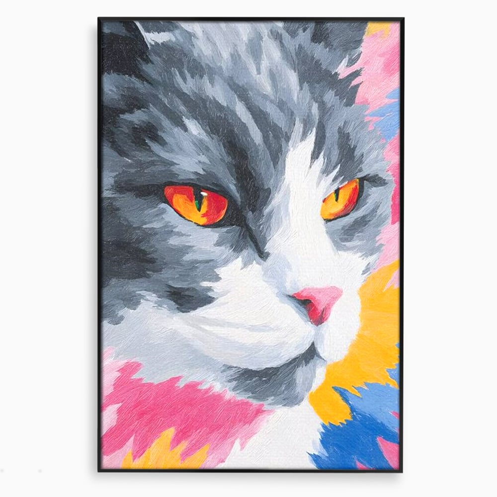 Tablou Canvas Premium, LuxCanva® M1480, Mister printre Nuante, Pisica, Felina, Animal, Culori Vibrante, Pictura, Arta Moderna, Dormitor, Birou, Living, Camera Copil