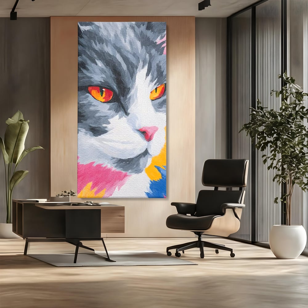 Tablou Canvas Premium, LuxCanva® M1480, Mister printre Nuante, Pisica, Felina, Animal, Culori Vibrante, Pictura, Arta Moderna, Dormitor, Birou, Living, Camera Copil
