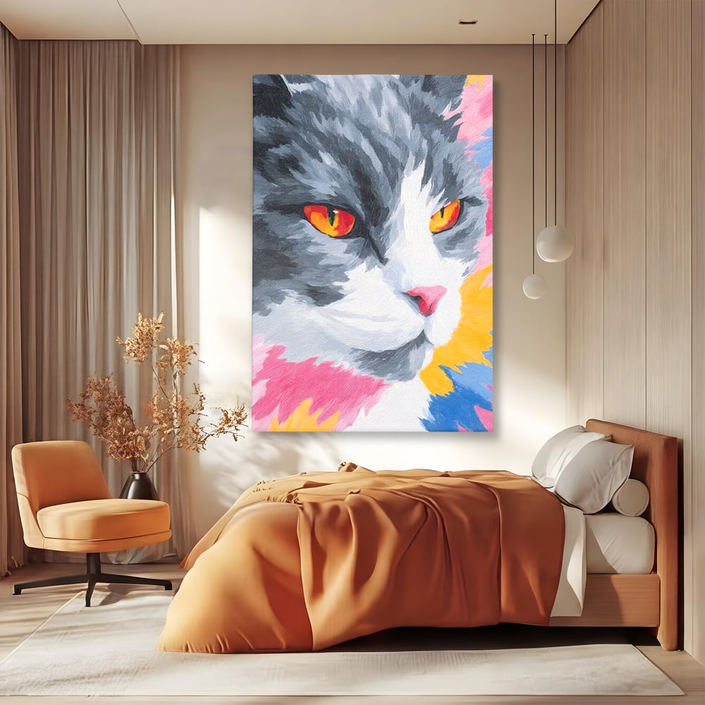 Tablou Canvas Premium, LuxCanva® M1480, Mister printre Nuante, Pisica, Felina, Animal, Culori Vibrante, Pictura, Arta Moderna, Dormitor, Birou, Living, Camera Copil