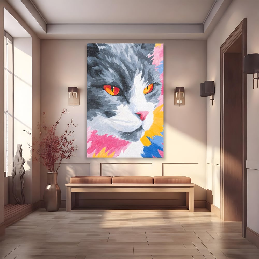 Tablou Canvas Premium, LuxCanva® M1480, Mister printre Nuante, Pisica, Felina, Animal, Culori Vibrante, Pictura, Arta Moderna, Dormitor, Birou, Living, Camera Copil