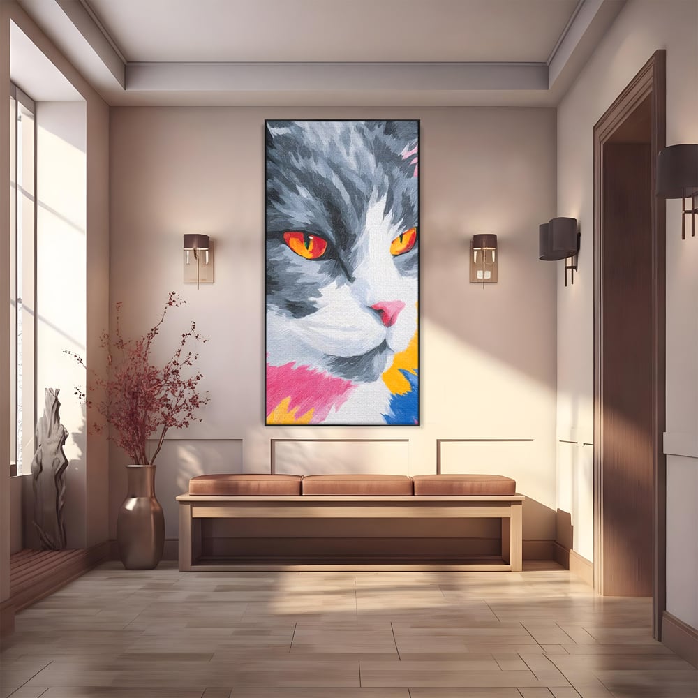Tablou Canvas Premium, LuxCanva® M1480, Mister printre Nuante, Pisica, Felina, Animal, Culori Vibrante, Pictura, Arta Moderna, Dormitor, Birou, Living, Camera Copil