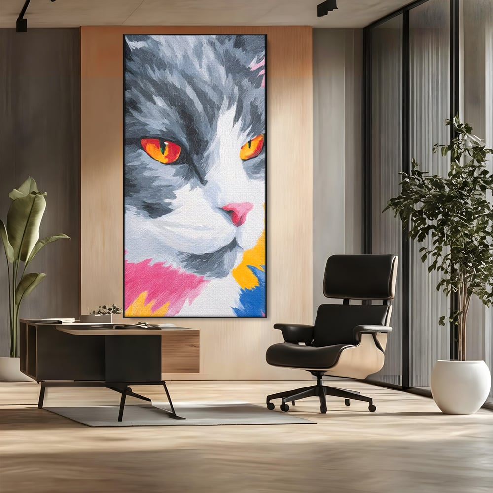 Tablou Canvas Premium, LuxCanva® M1480, Mister printre Nuante, Pisica, Felina, Animal, Culori Vibrante, Pictura, Arta Moderna, Dormitor, Birou, Living, Camera Copil