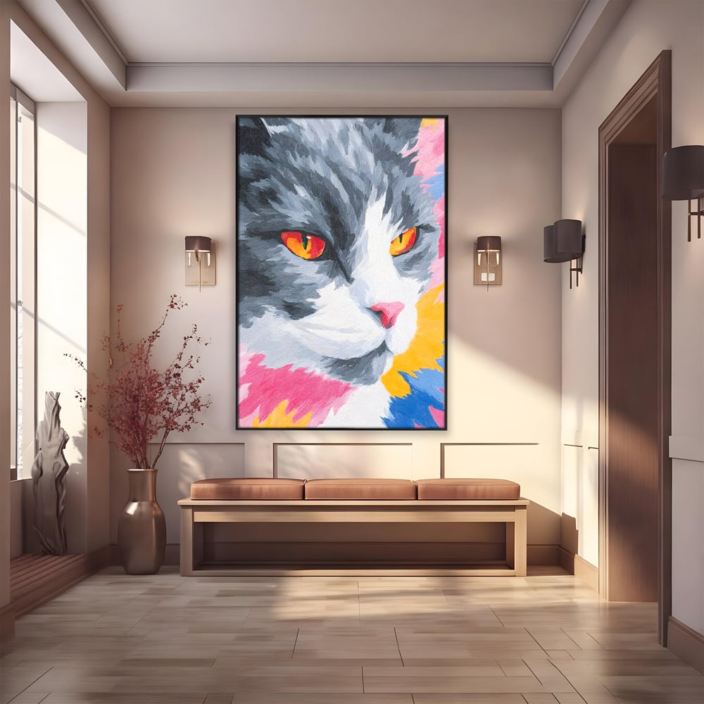 Tablou Canvas Premium, LuxCanva® M1480, Mister printre Nuante, Pisica, Felina, Animal, Culori Vibrante, Pictura, Arta Moderna, Dormitor, Birou, Living, Camera Copil