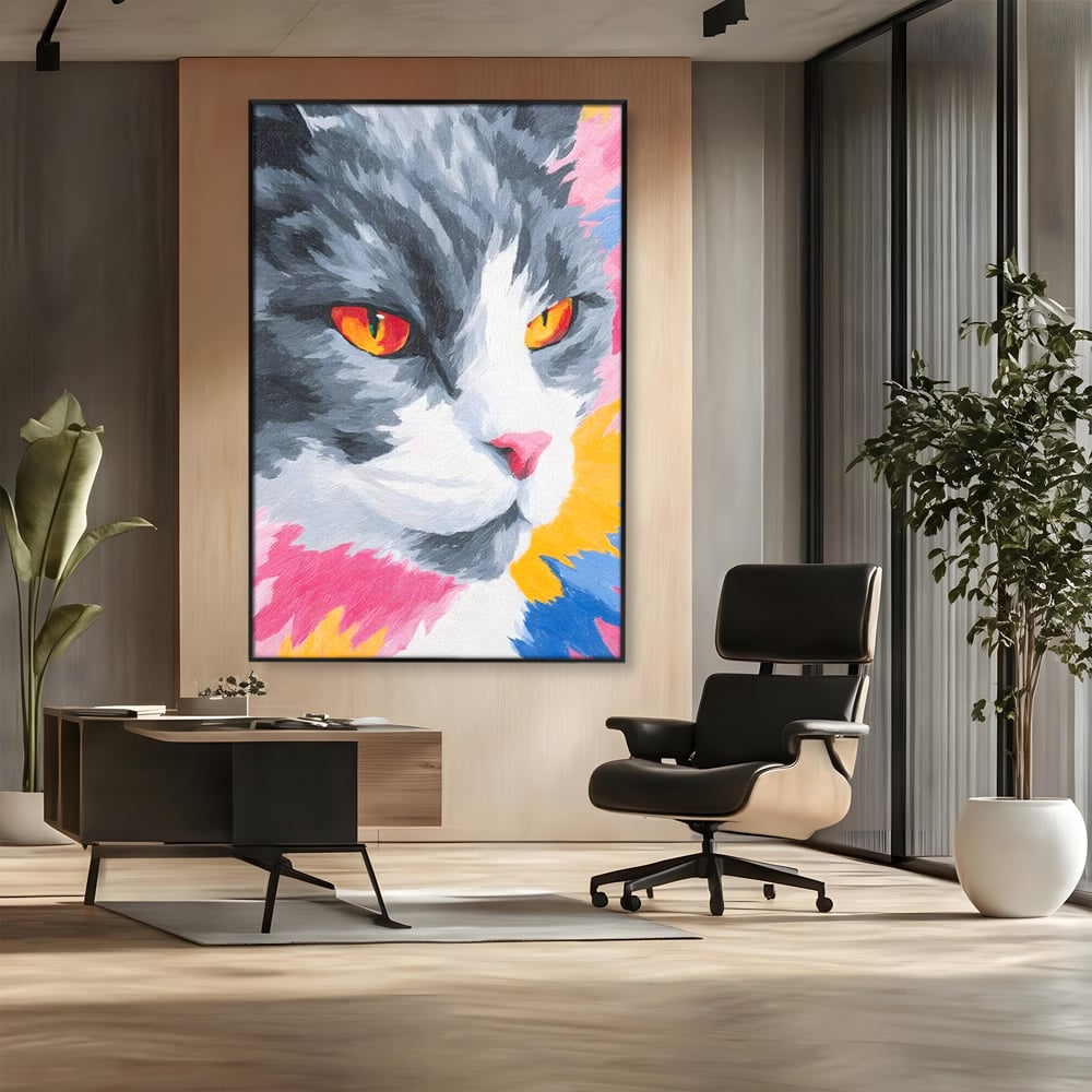 Tablou Canvas Premium, LuxCanva® M1480, Mister printre Nuante, Pisica, Felina, Animal, Culori Vibrante, Pictura, Arta Moderna, Dormitor, Birou, Living, Camera Copil