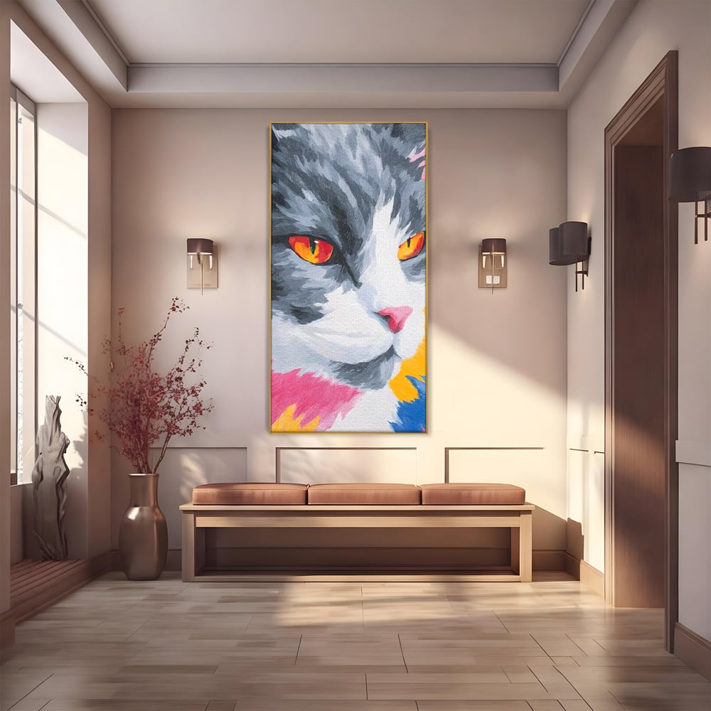 Tablou Canvas Premium, LuxCanva® M1480, Mister printre Nuante, Pisica, Felina, Animal, Culori Vibrante, Pictura, Arta Moderna, Dormitor, Birou, Living, Camera Copil