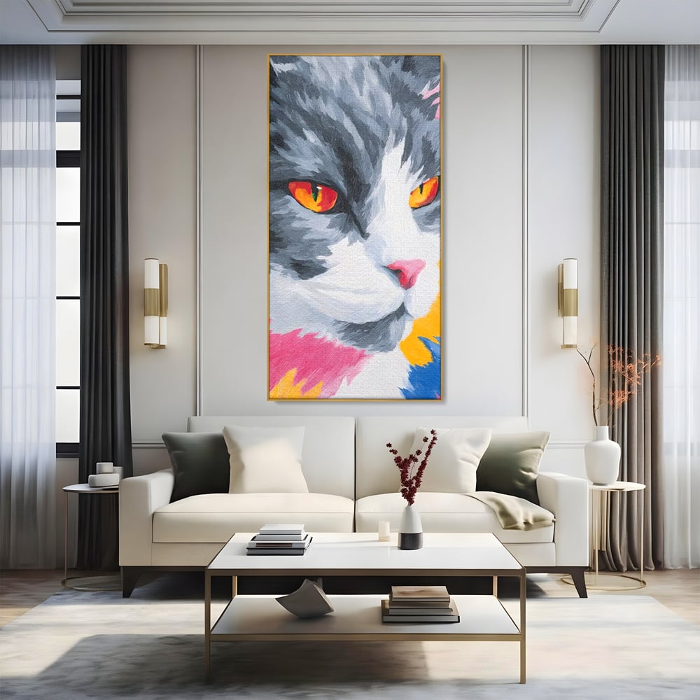 Tablou Canvas Premium, LuxCanva® M1480, Mister printre Nuante, Pisica, Felina, Animal, Culori Vibrante, Pictura, Arta Moderna, Dormitor, Birou, Living, Camera Copil