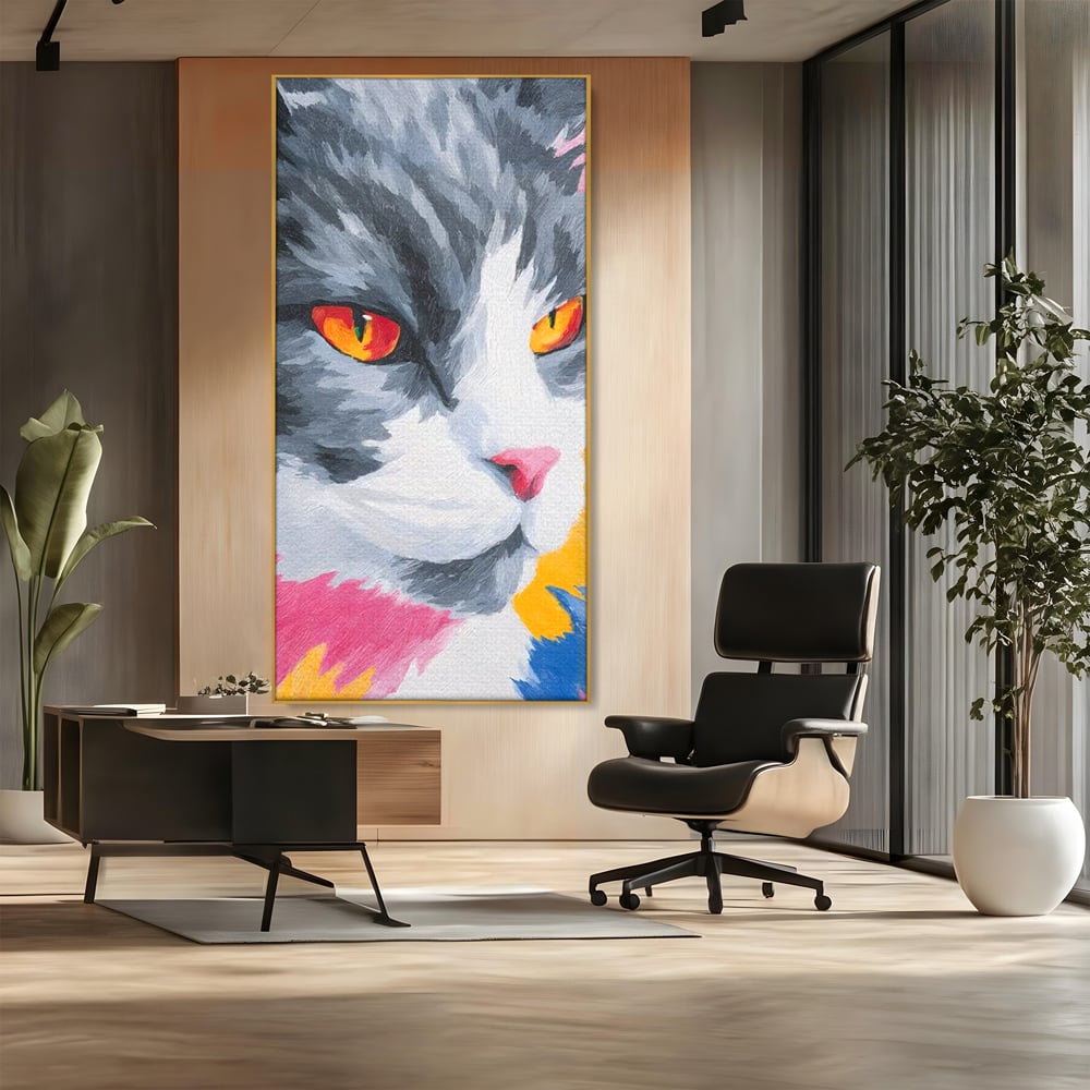 Tablou Canvas Premium, LuxCanva® M1480, Mister printre Nuante, Pisica, Felina, Animal, Culori Vibrante, Pictura, Arta Moderna, Dormitor, Birou, Living, Camera Copil