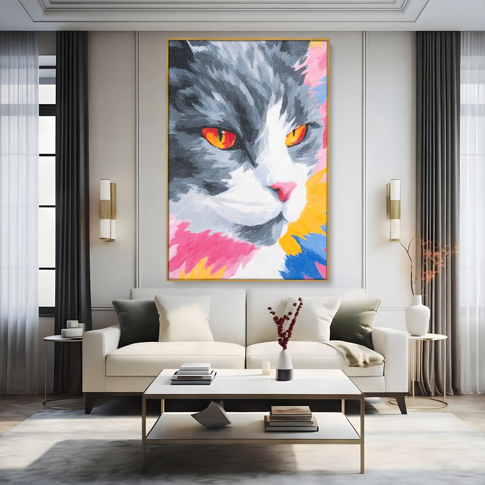 Tablou Canvas Premium, LuxCanva® M1480, Mister printre Nuante, Pisica, Felina, Animal, Culori Vibrante, Pictura, Arta Moderna, Dormitor, Birou, Living, Camera Copil