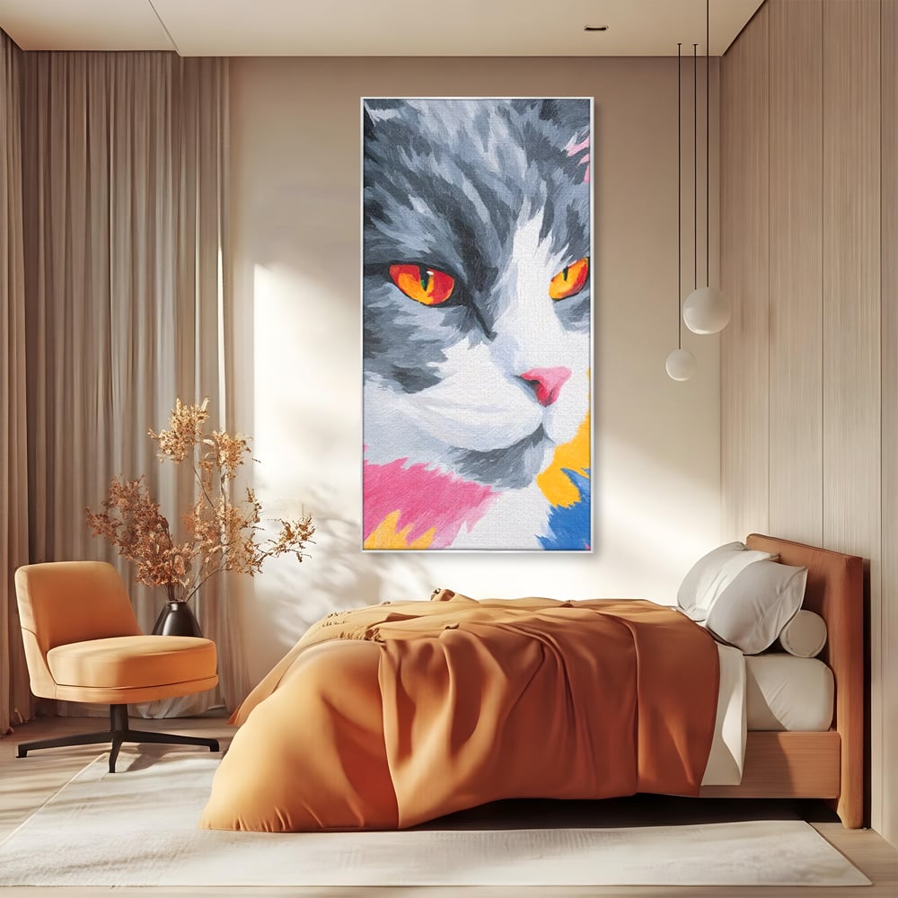 Tablou Canvas Premium, LuxCanva® M1480, Mister printre Nuante, Pisica, Felina, Animal, Culori Vibrante, Pictura, Arta Moderna, Dormitor, Birou, Living, Camera Copil