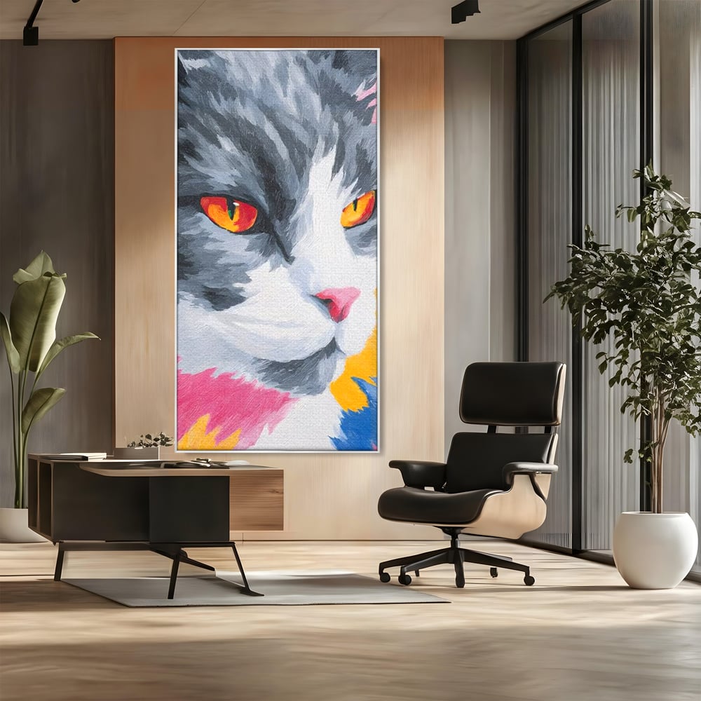 Tablou Canvas Premium, LuxCanva® M1480, Mister printre Nuante, Pisica, Felina, Animal, Culori Vibrante, Pictura, Arta Moderna, Dormitor, Birou, Living, Camera Copil