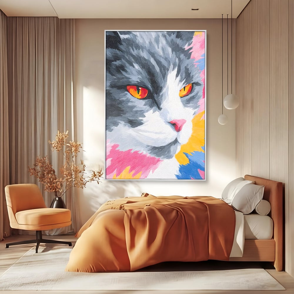 Tablou Canvas Premium, LuxCanva® M1480, Mister printre Nuante, Pisica, Felina, Animal, Culori Vibrante, Pictura, Arta Moderna, Dormitor, Birou, Living, Camera Copil