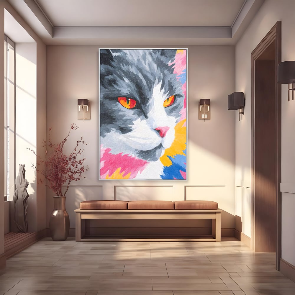 Tablou Canvas Premium, LuxCanva® M1480, Mister printre Nuante, Pisica, Felina, Animal, Culori Vibrante, Pictura, Arta Moderna, Dormitor, Birou, Living, Camera Copil