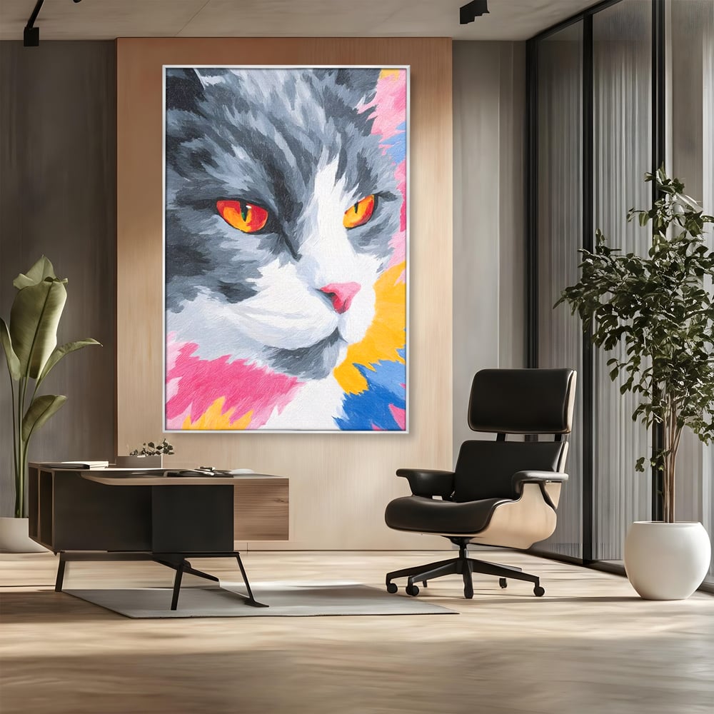 Tablou Canvas Premium, LuxCanva® M1480, Mister printre Nuante, Pisica, Felina, Animal, Culori Vibrante, Pictura, Arta Moderna, Dormitor, Birou, Living, Camera Copil