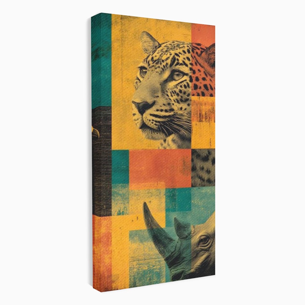 Tablou Canvas Premium, LuxCanva® M1482, Glorie Tropicala, Animale, Leopard, Rinocer, Pasare, Jungla, Exotic, Salbaticie, Dormitor, Birou, Living, Camera Copil