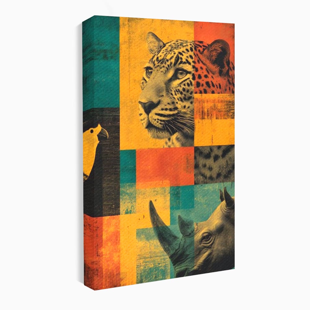 Tablou Canvas Premium, LuxCanva® M1482, Glorie Tropicala, Animale, Leopard, Rinocer, Pasare, Jungla, Exotic, Salbaticie, Dormitor, Birou, Living, Camera Copil