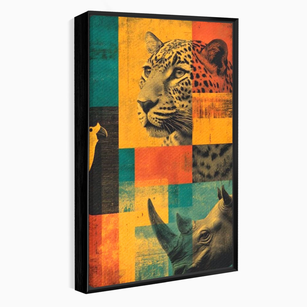 Tablou Canvas Premium, LuxCanva® M1482, Glorie Tropicala, Animale, Leopard, Rinocer, Pasare, Jungla, Exotic, Salbaticie, Dormitor, Birou, Living, Camera Copil
