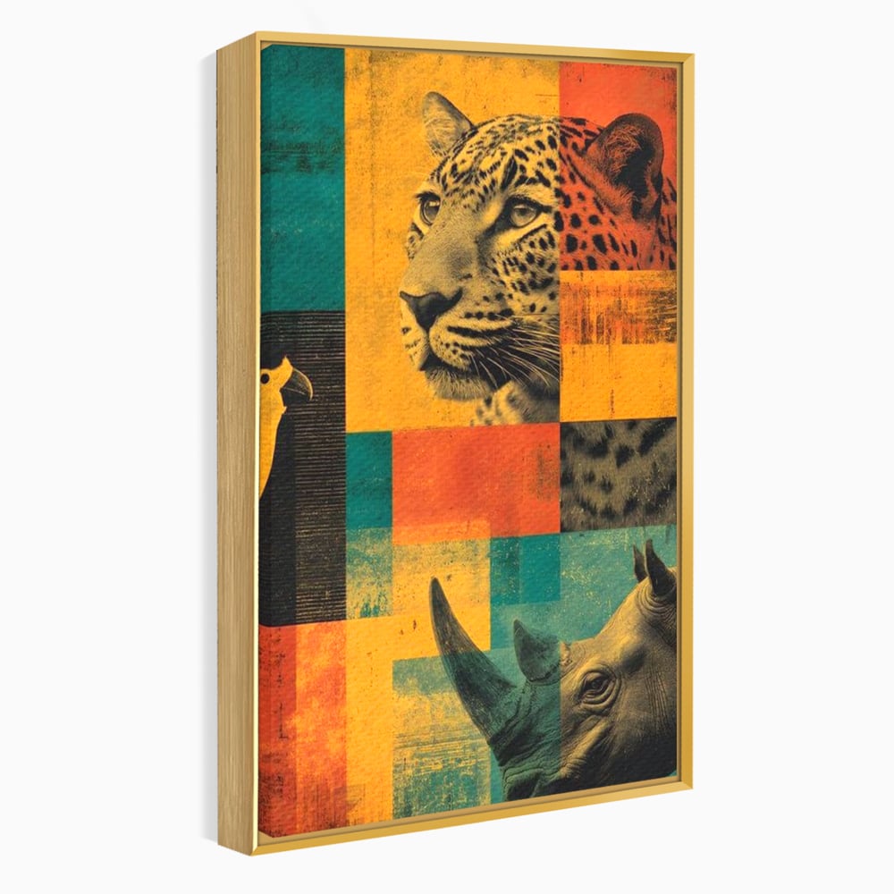 Tablou Canvas Premium, LuxCanva® M1482, Glorie Tropicala, Animale, Leopard, Rinocer, Pasare, Jungla, Exotic, Salbaticie, Dormitor, Birou, Living, Camera Copil