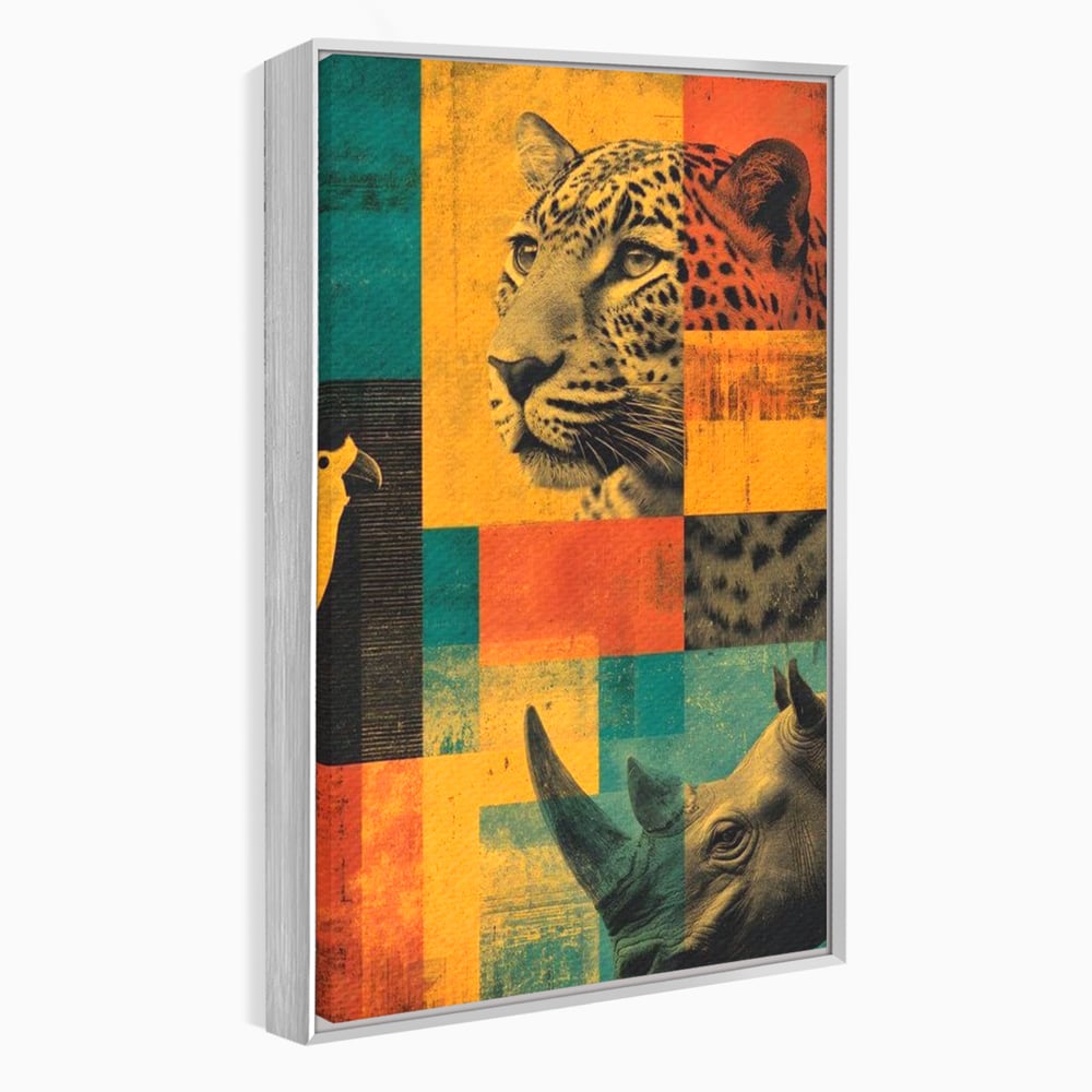Tablou Canvas Premium, LuxCanva® M1482, Glorie Tropicala, Animale, Leopard, Rinocer, Pasare, Jungla, Exotic, Salbaticie, Dormitor, Birou, Living, Camera Copil