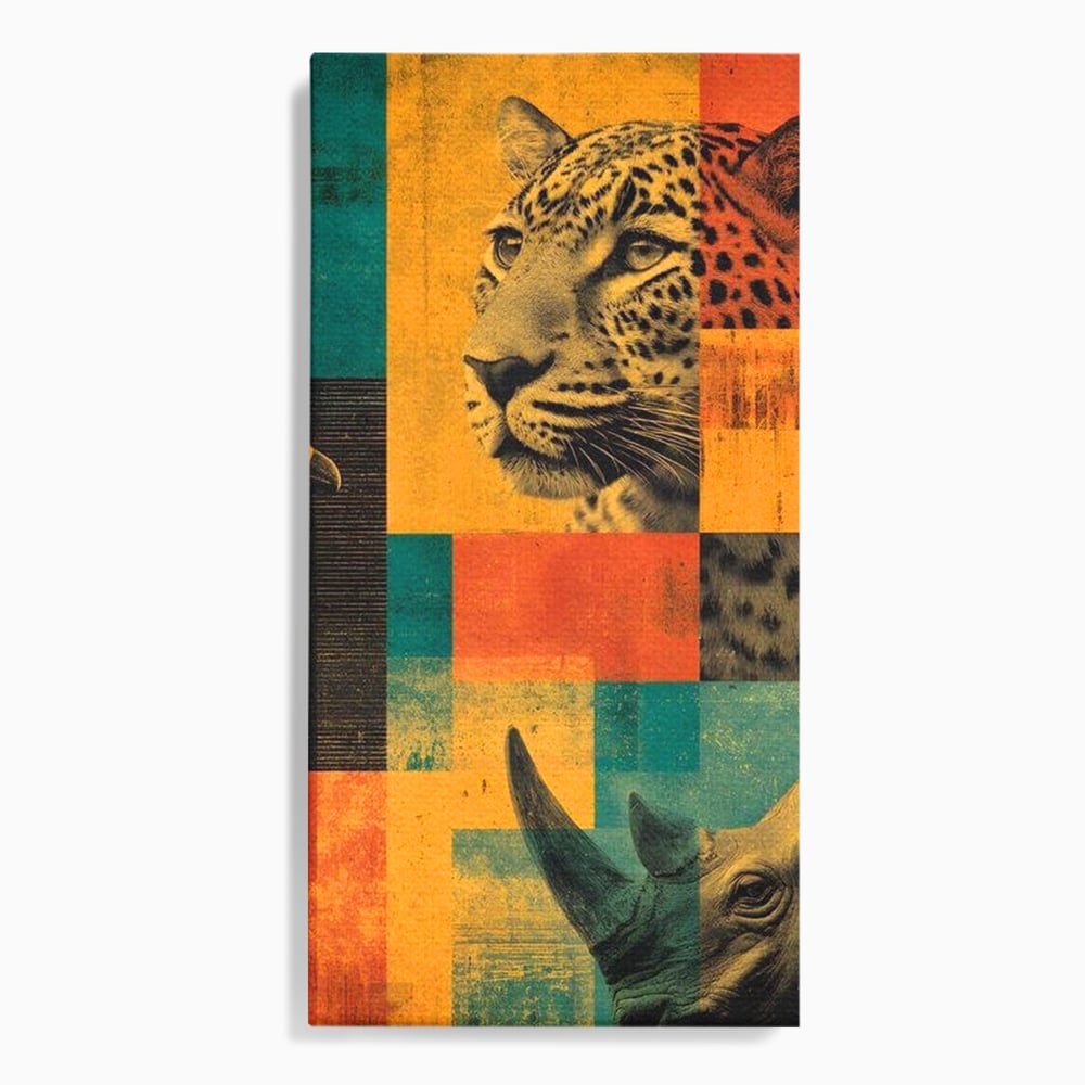 Tablou Canvas Premium, LuxCanva® M1482, Glorie Tropicala, Animale, Leopard, Rinocer, Pasare, Jungla, Exotic, Salbaticie, Dormitor, Birou, Living, Camera Copil