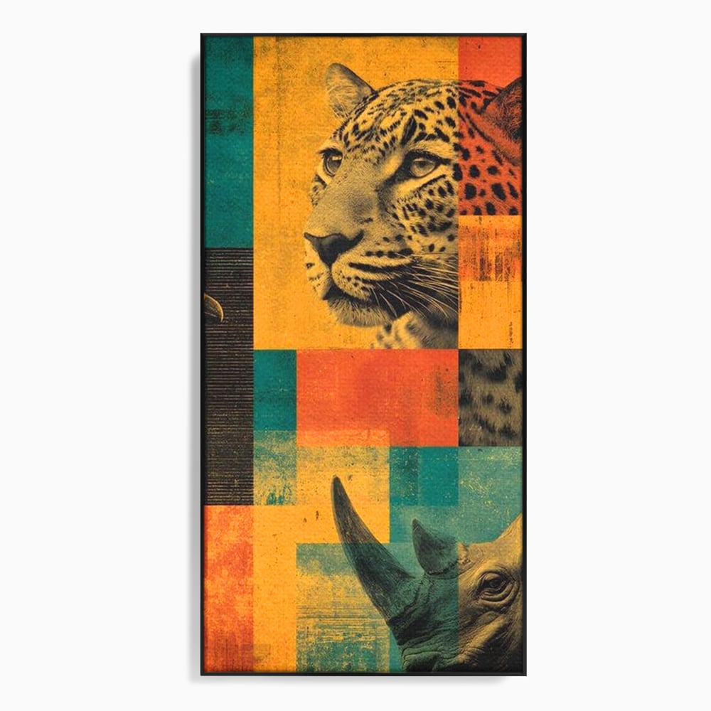 Tablou Canvas Premium, LuxCanva® M1482, Glorie Tropicala, Animale, Leopard, Rinocer, Pasare, Jungla, Exotic, Salbaticie, Dormitor, Birou, Living, Camera Copil