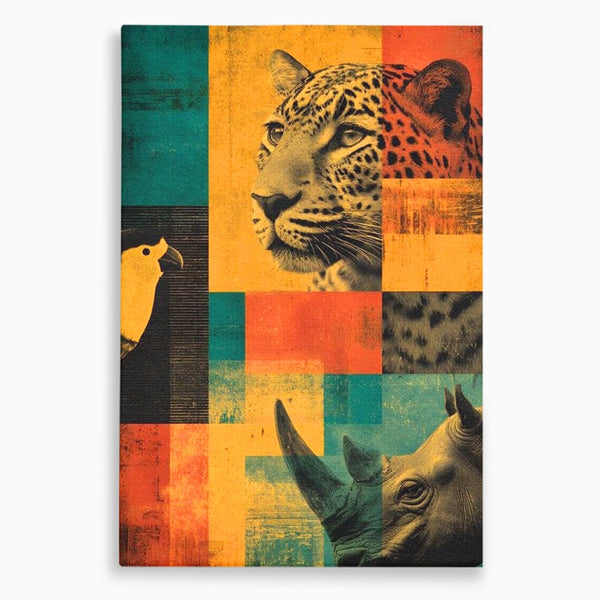 Tablou Canvas Premium, LuxCanva® M1482, Glorie Tropicala, Animale, Leopard, Rinocer, Pasare, Jungla, Exotic, Salbaticie, Dormitor, Birou, Living, Camera Copil