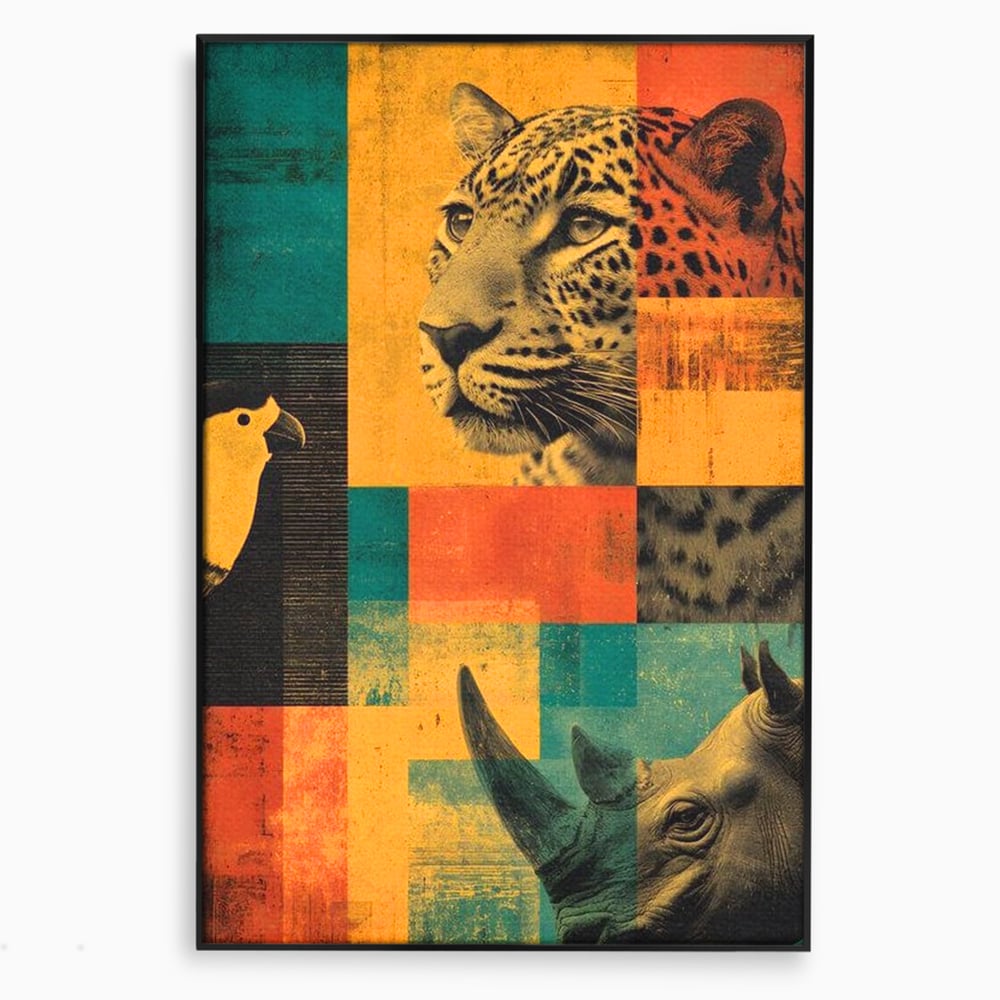 Tablou Canvas Premium, LuxCanva® M1482, Glorie Tropicala, Animale, Leopard, Rinocer, Pasare, Jungla, Exotic, Salbaticie, Dormitor, Birou, Living, Camera Copil