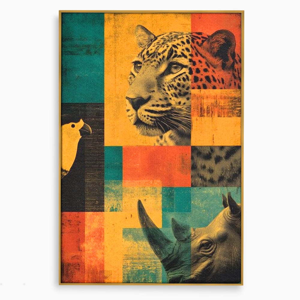 Tablou Canvas Premium, LuxCanva® M1482, Glorie Tropicala, Animale, Leopard, Rinocer, Pasare, Jungla, Exotic, Salbaticie, Dormitor, Birou, Living, Camera Copil