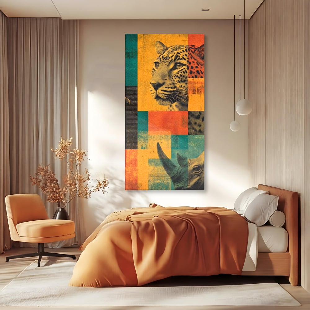 Tablou Canvas Premium, LuxCanva® M1482, Glorie Tropicala, Animale, Leopard, Rinocer, Pasare, Jungla, Exotic, Salbaticie, Dormitor, Birou, Living, Camera Copil