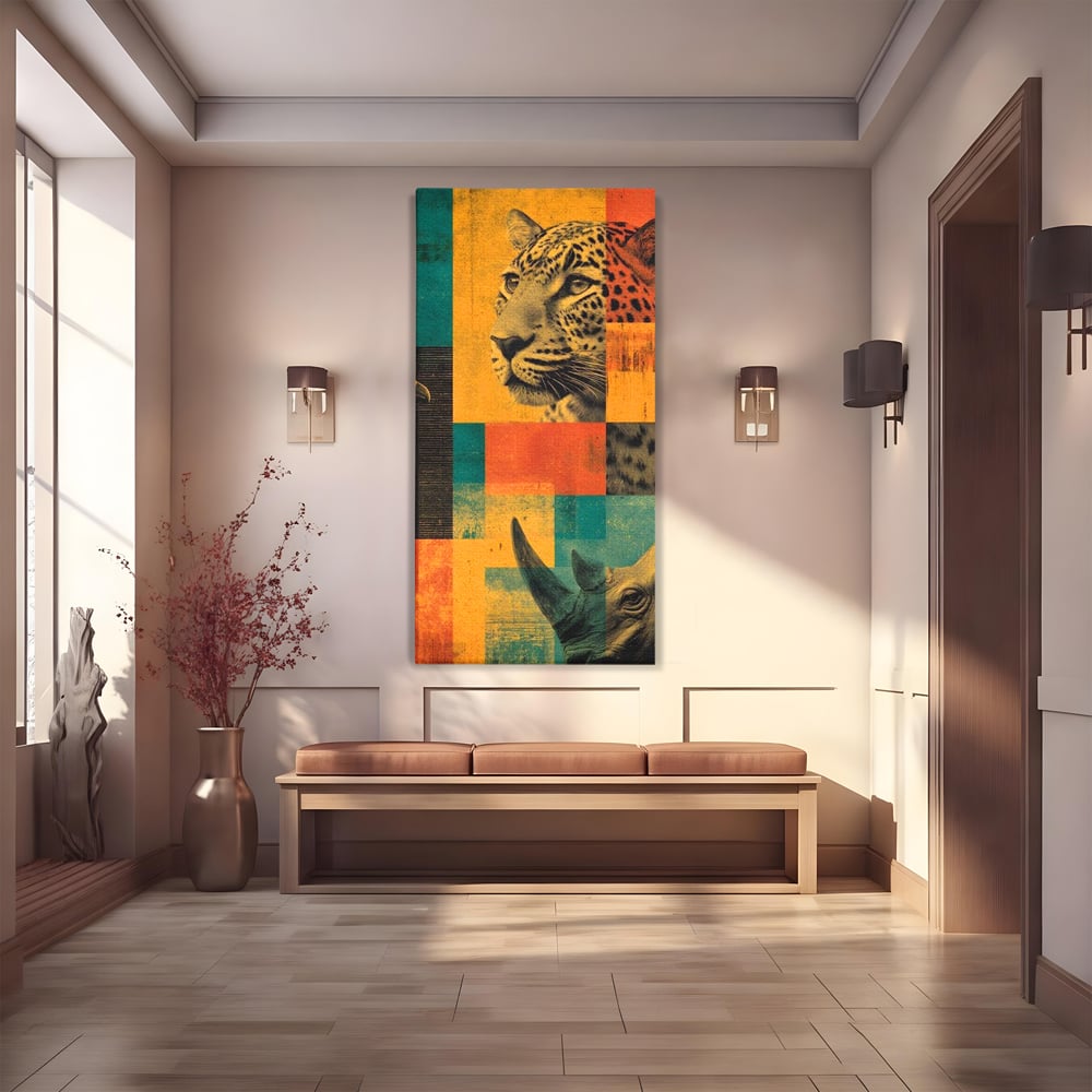 Tablou Canvas Premium, LuxCanva® M1482, Glorie Tropicala, Animale, Leopard, Rinocer, Pasare, Jungla, Exotic, Salbaticie, Dormitor, Birou, Living, Camera Copil