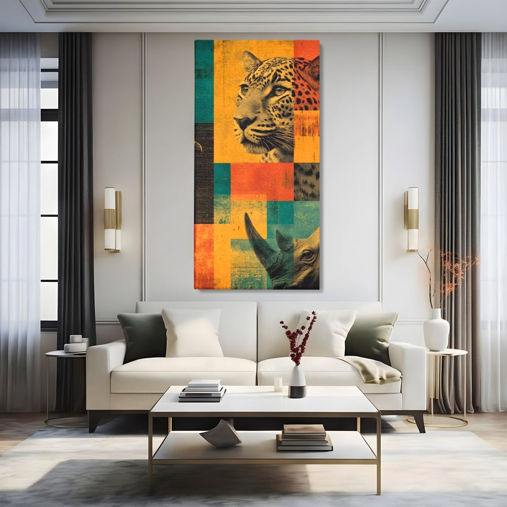 Tablou Canvas Premium, LuxCanva® M1482, Glorie Tropicala, Animale, Leopard, Rinocer, Pasare, Jungla, Exotic, Salbaticie, Dormitor, Birou, Living, Camera Copil