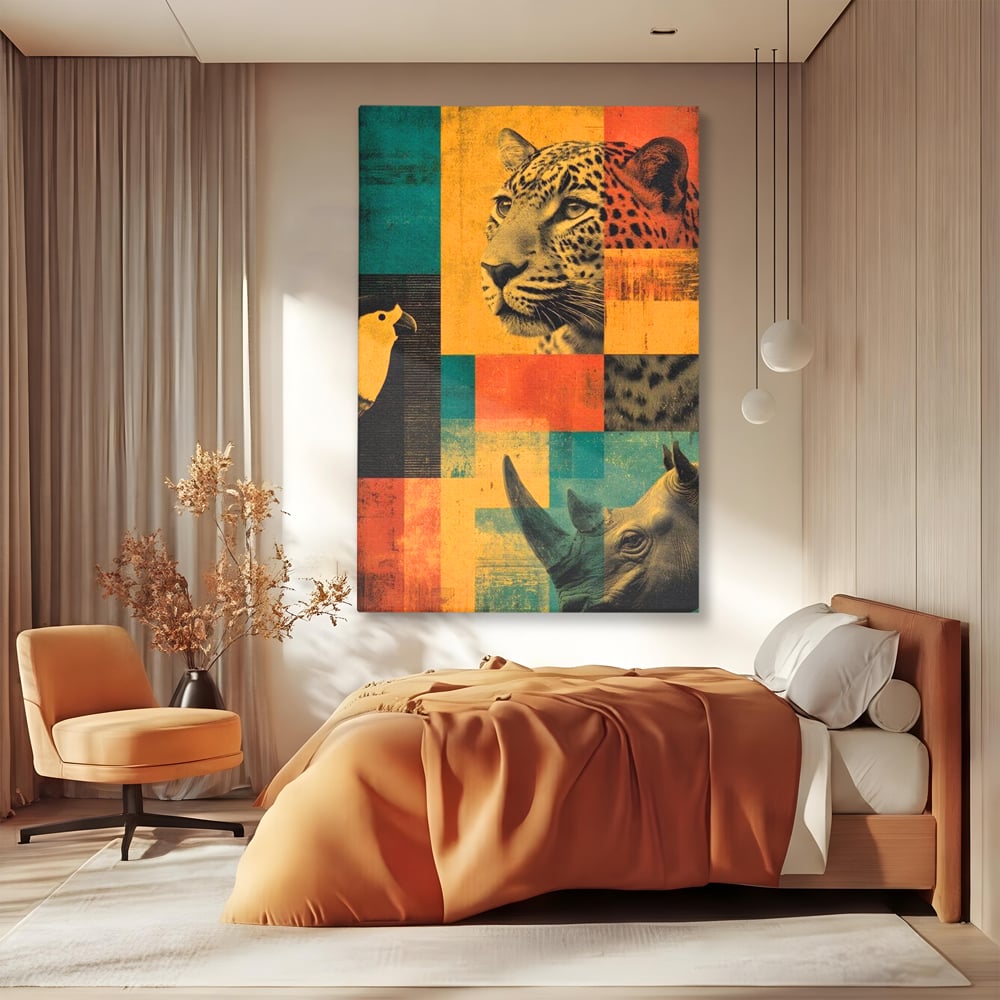 Tablou Canvas Premium, LuxCanva® M1482, Glorie Tropicala, Animale, Leopard, Rinocer, Pasare, Jungla, Exotic, Salbaticie, Dormitor, Birou, Living, Camera Copil