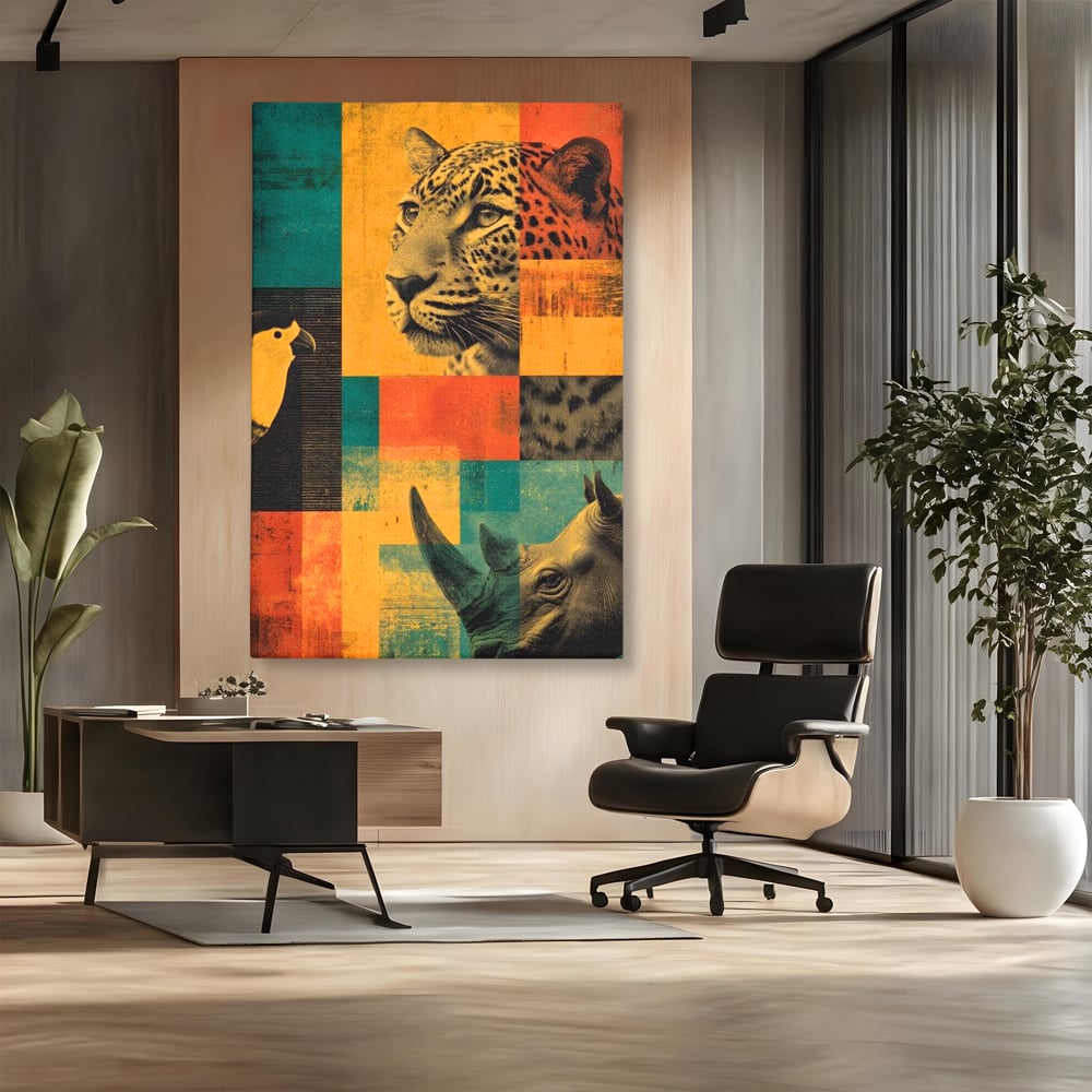 Tablou Canvas Premium, LuxCanva® M1482, Glorie Tropicala, Animale, Leopard, Rinocer, Pasare, Jungla, Exotic, Salbaticie, Dormitor, Birou, Living, Camera Copil
