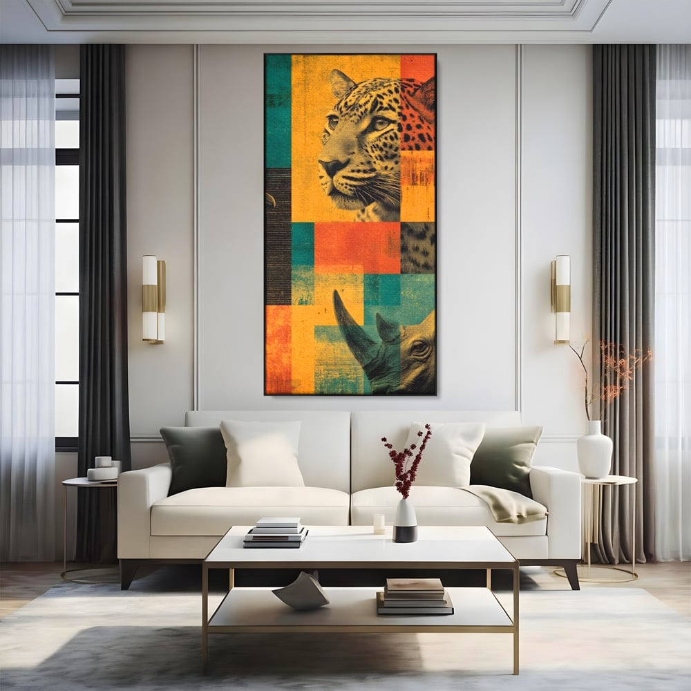 Tablou Canvas Premium, LuxCanva® M1482, Glorie Tropicala, Animale, Leopard, Rinocer, Pasare, Jungla, Exotic, Salbaticie, Dormitor, Birou, Living, Camera Copil