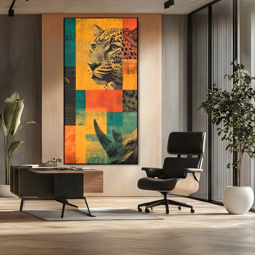Tablou Canvas Premium, LuxCanva® M1482, Glorie Tropicala, Animale, Leopard, Rinocer, Pasare, Jungla, Exotic, Salbaticie, Dormitor, Birou, Living, Camera Copil