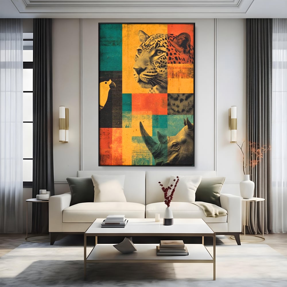 Tablou Canvas Premium, LuxCanva® M1482, Glorie Tropicala, Animale, Leopard, Rinocer, Pasare, Jungla, Exotic, Salbaticie, Dormitor, Birou, Living, Camera Copil