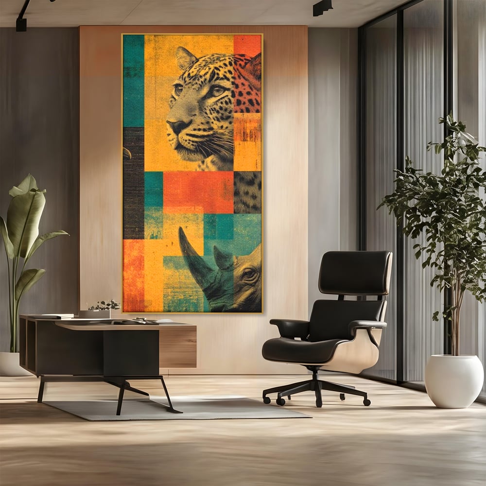 Tablou Canvas Premium, LuxCanva® M1482, Glorie Tropicala, Animale, Leopard, Rinocer, Pasare, Jungla, Exotic, Salbaticie, Dormitor, Birou, Living, Camera Copil