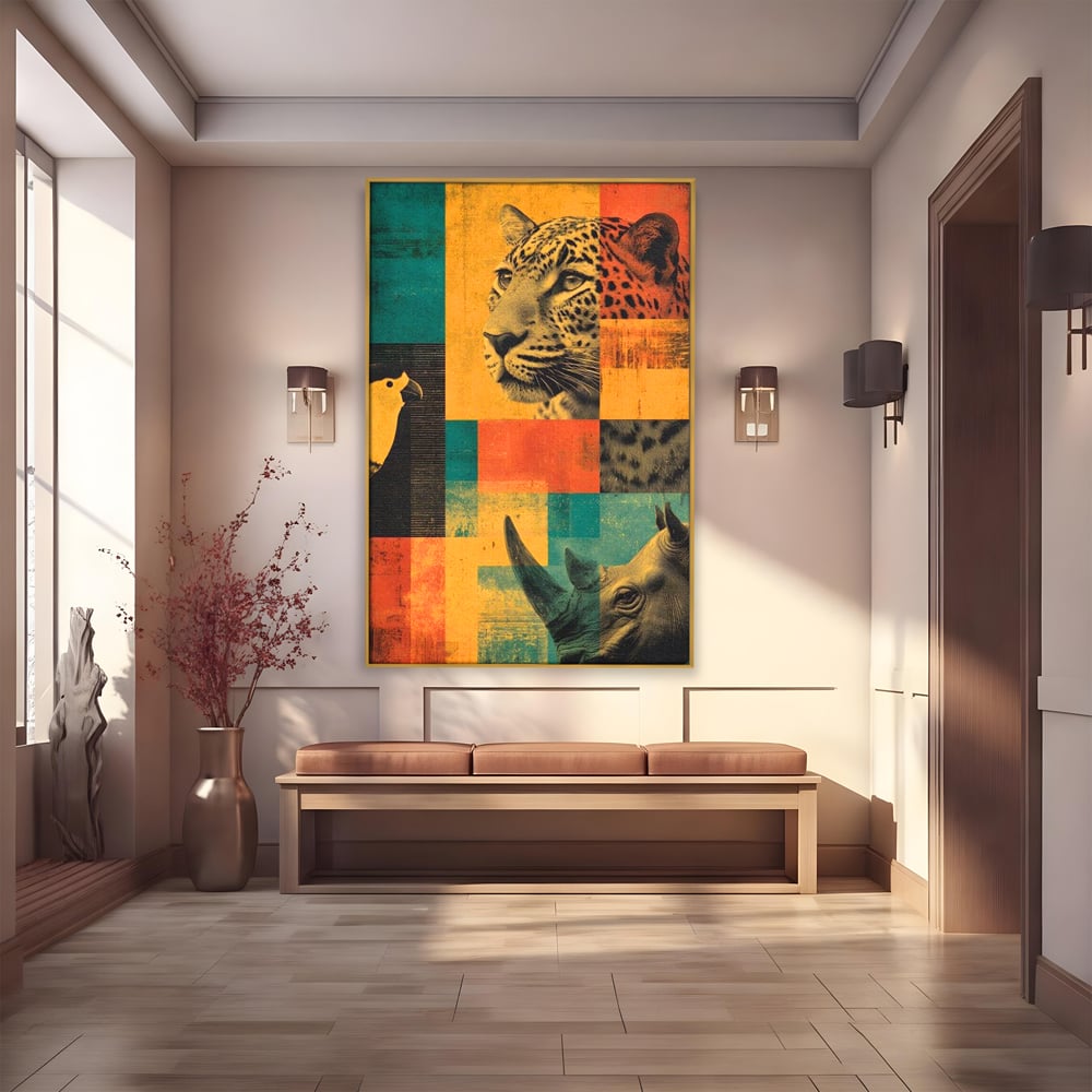 Tablou Canvas Premium, LuxCanva® M1482, Glorie Tropicala, Animale, Leopard, Rinocer, Pasare, Jungla, Exotic, Salbaticie, Dormitor, Birou, Living, Camera Copil