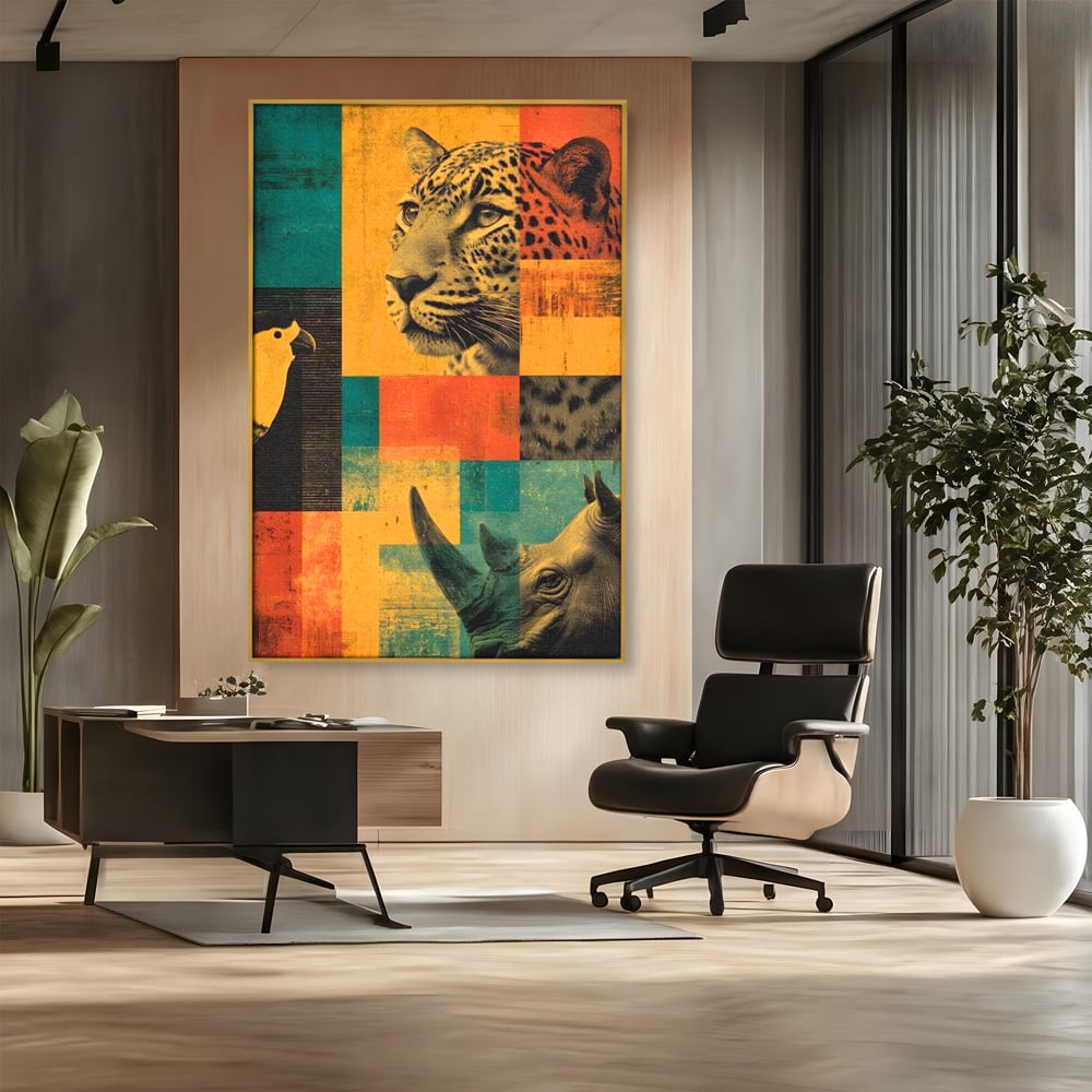 Tablou Canvas Premium, LuxCanva® M1482, Glorie Tropicala, Animale, Leopard, Rinocer, Pasare, Jungla, Exotic, Salbaticie, Dormitor, Birou, Living, Camera Copil