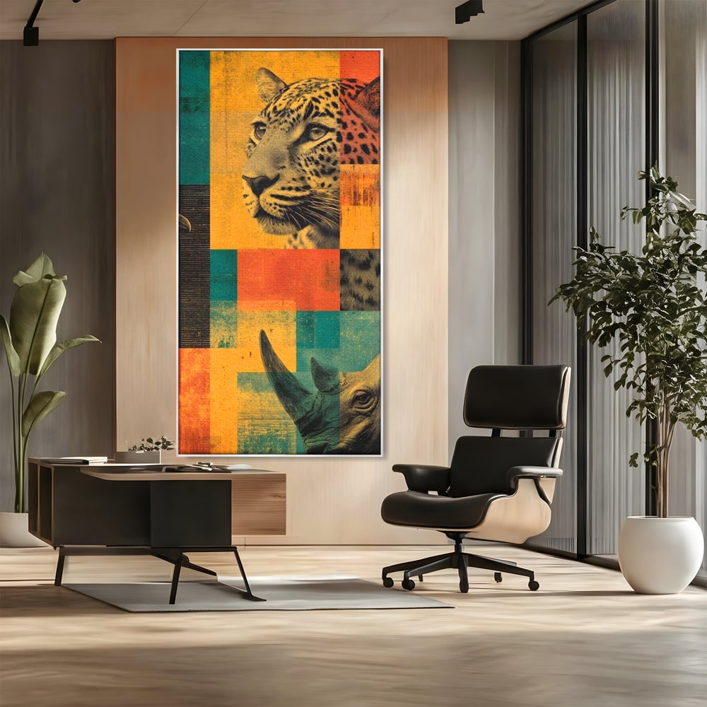 Tablou Canvas Premium, LuxCanva® M1482, Glorie Tropicala, Animale, Leopard, Rinocer, Pasare, Jungla, Exotic, Salbaticie, Dormitor, Birou, Living, Camera Copil