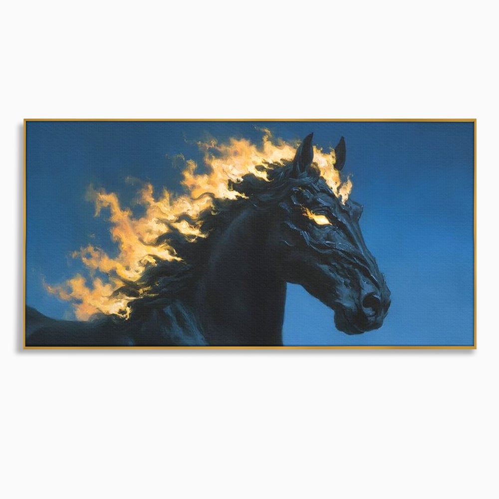 Tablou Canvas Premium, LuxCanva® M1485, Cursa fara Sfarsit, Cal, Armasar, Galop, Flacari, Foc, Mistic, Legenda, Umbra, Dormitor, Birou, Living, Camera Copil